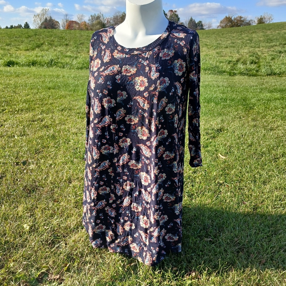 Paisley Floral Print Long Sleeves size L Large Lush Blue Tunic Top Mini Dress